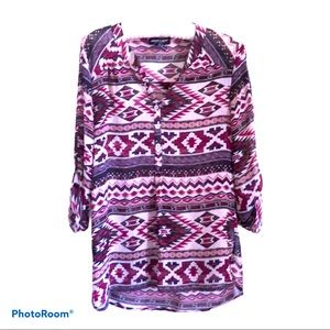 Western lightweight Aztec Print Roll Sleeve Split Neck Tunic